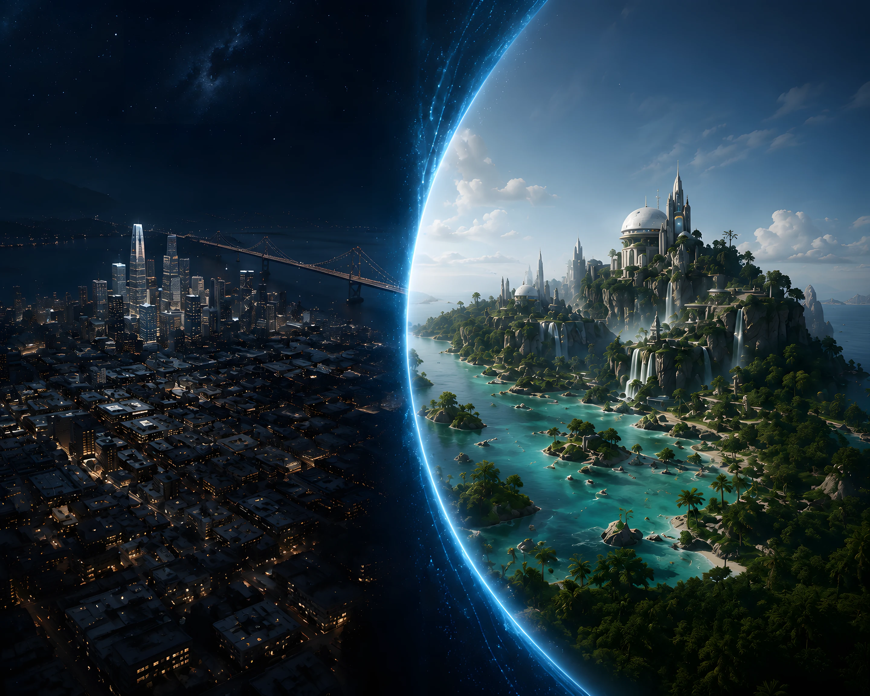 San Francisco at dusk beside a created island world, connected as two worlds running on Enreef
