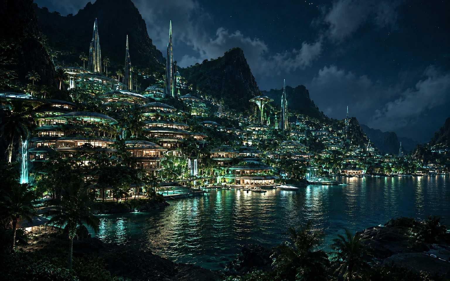 A created coastal civilization at night